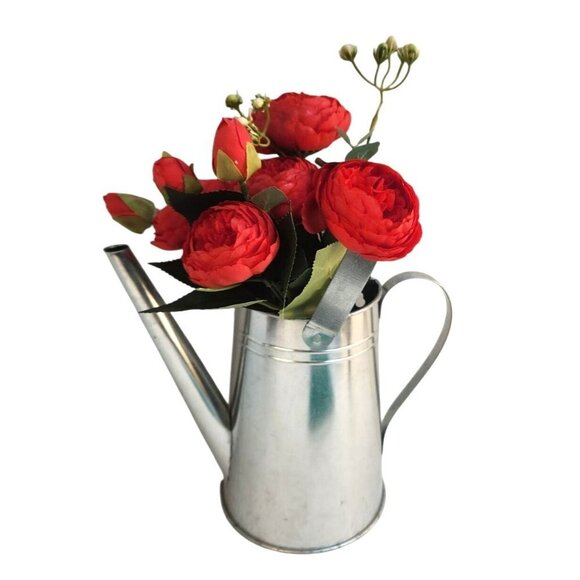 Silver Tin Watering Can With Long Spout & Movable Handle Wall Vase Country Gard - Picture 2 of 13